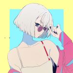  1girl bangs bare_shoulders blue_eyes breasts camisole cleavage closed_mouth collarbone fingernails grey_hair hand_up jacket long_sleeves looking_at_viewer mee_(sohin) off_shoulder original pink_jacket sharp_fingernails short_hair slit_pupils smile sohin solo sunglasses upper_body 