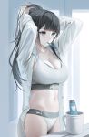  1girl arms_up bangs black_hair blue_eyes blue_nails blush breasts cleavage collared_shirt cup highres large_breasts long_hair long_sleeves mouth_hold nail_polish navel open_clothes open_shirt original ponytail puma_(brand) shirt solo sports_bra tokkihouse toothbrush_in_mouth tying_hair white_shirt white_sports_bra 