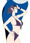  1girl adjusting_eyewear arm_up bare_shoulders bikini breasts cleavage closed_mouth cowboy_shot earrings eyewear_on_head frown groin hair_bun hand_on_hip hoop_earrings jewelry large_breasts lino_(sohin) looking_afar navel o-ring o-ring_top original pointy_ears purple_bikini short_hair sohin solo sunglasses swimsuit wristband 