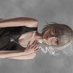  1girl black_tank_top breasts cigarette cleavage collarbone dog_tags glasses grey_background grey_hair highres ichiokamiya lips long_hair medium_breasts nostrils original parted_lips sideways smoke smoking solo tank_top 