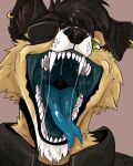  absurd_res anthro black_clothing black_ears black_inner_ear_fluff black_nose black_topwear blue_tongue bodily_fluids canid cheek_tuft clothing ear_piercing ear_ring eye_patch eyewear facial_tuft fangs forked_tongue front_view fur glistening glistening_eyes glistening_nose gold_ring_piercing green_eyes hi_res imperatorcaesar inner_ear_fluff male mammal mouth_shot open_mouth piercing pupils ring_piercing saliva saliva_string sharp_teeth simple_background slit_pupils solo tan_body tan_fur teeth tongue topwear tuft 