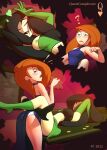  2girls ? artist_name asymmetrical_footwear black_hair blush breast_slip breasts brown_hair dated heart kim_possible kimberly_ann_possible leg_lock mismatched_footwear multiple_girls nipple_slip nipples one_eye_closed queen_complex shego yuri 