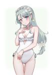  1girl bare_arms bare_legs bare_shoulders blush closed_mouth cowboy_shot earrings flower grey_hair hair_between_eyes hair_flower hair_ornament highres jewelry kantai_collection long_hair official_alternate_costume porupurucha purple_eyes sagiri_(kancolle) simple_background smile solo swimsuit white_background white_flower white_swimsuit 