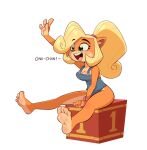  activision anthro barefoot big_breasts blonde_hair blush breasts cleavage clothed clothing coco_bandicoot crash_bandicoot_(series) crate feet female foot_focus fur green_eyes hair happy hi_res hotbrotkuroi leotard overalls soles text thick_thighs video_games 