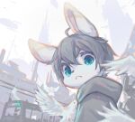  2021 :&lt; ahoge ambiguous_gender avian bird black_nose blue_eyes cloak_only detailed_background digital_media_(artwork) digital_painting_(artwork) dipstick_ears duo emolga_1_(artist) feathers fur grey_hair hair hi_res kemono lagomorph leporid looking_at_viewer looking_down_at_viewer low-angle_view mammal multicolored_ears particles pink_inner_ear rabbit solo_focus striped_body striped_ears striped_fur stripes two_tone_ears white_body white_ears white_fur 