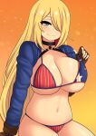  1girl absurdres american_flag american_flag_bikini american_flag_print bikini bikini_lift black_choker blonde_hair blue_eyes breasts choker cleavage closed_mouth clothes_lift commentary cosplay cropped_jacket curvy cynthia_(pokemon) fate/grand_order fate_(series) fingerless_gloves flag_print gloves hair_over_one_eye highres large_breasts long_hair long_sleeves looking_at_viewer miyamoto_musashi_(fate) miyamoto_musashi_(swimsuit_berserker)_(fate) miyamoto_musashi_(swimsuit_berserker)_(fate)_(cosplay) miyamoto_musashi_(swimsuit_berserker)_(second_ascension)_(fate) navel pokemon pokemon_(game) pokemon_dppt sitting skindentation smile solo strap_lift swimsuit the_only_shoe very_long_hair 