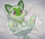  2022 ambiguous_gender bound cheek_tuft cute_fangs digital_drawing_(artwork) digital_media_(artwork) digital_painting_(artwork) domestic_cat emolga_1_(artist) eye_glint facial_tuft featureless_crotch feet felid feline felis feral foot_focus green_body green_ears green_markings hi_res kemono looking_at_viewer lying mammal markings neck_tuft nintendo on_back open_mouth pawpads pink_nose pink_pawpads pok&eacute;mon pok&eacute;mon_(species) red_eyes solo sprigatito tuft video_games 