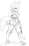  absurd_res anthro big_butt black_and_white butt canid canine clothing colorless crossgender curvaceous curvy_figure female fox fox_mccloud fred_perry gesture gloves handwear hi_res jacket looking_back mammal monochrome nintendo open_hand pointing short_sleeves simple_background solo star_fox tactical_gear teeth thick_thighs tight_clothing topwear video_games voluptuous 