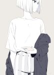  1girl bangs blue_eyes cellphone closed_mouth clothes_down coat greyscale holding holding_phone long_sleeves looking_to_the_side mee_(sohin) monochrome original pants phone shirt shirt_tucked_in short_hair sohin solo spot_color standing upper_body 