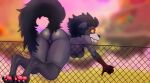  anthro big_breasts big_butt black_body black_claws black_eyes black_fur black_hair black_tail blood blood_in_mouth blood_on_hand bodily_fluids breasts butt canid canine canis claws digitigrade eyelashes featureless_crotch female fence fluffy_friend_(postal) fur grey_body grey_fur hair mammal orange_sclera pawpads pink_pawpads postal_(series) rear_view sakharok solo thick_thighs wide_hips wolf 