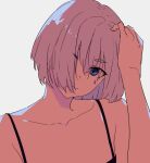  1girl arm_up bangs bare_shoulders blue_eyes camisole closed_mouth collarbone grey_background hair_over_one_eye head_tilt highres looking_at_viewer mee_(sohin) original short_hair slit_pupils sohin solo teardrop_facial_mark thick_eyebrows upper_body 