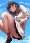  1girl absurdres ankle_socks bare_legs black_hair black_skirt blue_sky bow brown_footwear cardigan cloud gridman_universe hands_in_pockets highres knees_up loafers medium_hair miniskirt multicolored_eyes open_mouth pleated_skirt red_bow red_socks shoes skirt sky sleeves_past_elbows sleeves_rolled_up socks solo ssss.gridman takarada_rikka white_cardigan yuunoro. 