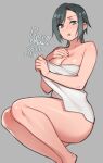  1girl agawa_ryou aqua_eyes aqua_hair artist_name bangs bare_shoulders blush breasts chestnut_mouth collarbone dated english_commentary grey_background hand_on_own_chest looking_at_viewer medium_breasts naked_towel no_shoes open_mouth original short_hair signature simple_background solo swept_bangs thighs towel 