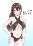  1girl ashigara_(kancolle) black_swimsuit brown_eyes brown_hair commentary_request covered_nipples cowboy_shot dated furaggu_(frag_0416) gradient gradient_background hairband highres kantai_collection long_hair looking_at_viewer one-hour_drawing_challenge side-tie_swimsuit slingshot_swimsuit solo standing swimsuit twitter_username white_background 