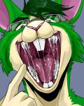  absurd_res anthro blue_background bodily_fluids brown_eyes cheek_tuft facial_tuft front_view fur glistening glistening_eyes glistening_hair glistening_tongue green_body green_ears green_fur green_hair hair hi_res imperatorcaesar lagomorph leporid male mammal mouth_shot open_mouth pink_inner_ear pink_nose rabbit red_tongue saliva saliva_on_tongue saliva_string simple_background solo tan_body tan_fingers tan_fur teeth tongue tuft 