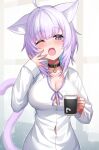 1girl agibe ahoge animal_ear_fluff animal_ears breasts cat_ears cat_girl choker cleavage collarbone collared_shirt commentary_request cup highres holding holding_cup hololive large_breasts nekomata_okayu one_eye_closed open_mouth purple_eyes purple_hair shirt solo tail virtual_youtuber white_shirt yawning 