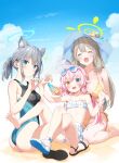 3girls :d ^_^ ahoge animal_ear_fluff animal_ears ass bangs bare_arms beach bikini black_swimsuit blue_archive blue_eyes blue_sky blush bottle breasts cat_ears closed_eyes cloud cloudy_sky collarbone competition_swimsuit cross_hair_ornament day extra_ears eyewear_on_head frilled_bikini frills grey_hair hair_bobbles hair_ornament halo hat heterochromia highres horizon hoshino_(blue_archive) hoshino_(swimsuit)_(blue_archive) kani_biimu large_breasts light_brown_hair long_hair looking_at_viewer lotion low_twintails medium_breasts medium_hair mismatched_pupils multicolored_clothes multicolored_swimsuit multiple_girls navel nonomi_(blue_archive) nonomi_(swimsuit)_(blue_archive) ocean official_alternate_costume one-piece_swimsuit open_mouth outdoors pink_hair sand sandals shiroko_(blue_archive) shiroko_(swimsuit)_(blue_archive) side-tie_bikini sitting sky slippers small_breasts smile sparkle strap_slip string_bikini sun_hat sunglasses sunscreen swimsuit twintails very_long_hair white_bikini yellow_eyes 