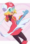  1girl :d black_bodysuit blonde_hair blue_eyes bodysuit boots breasts dress gloves harp harp_note_(mega_man) heart helmet instrument kika_tohoku long_hair looking_at_viewer medium_hair mega_man_(series) mega_man_star_force open_mouth pointing red_dress red_footwear red_gloves red_headwear scarf small_breasts smile sonia_strumm_(mega_man) white_scarf 