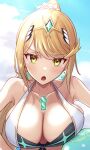  1girl :o ball bare_shoulders beachball bikini blonde_hair breasts chest_jewel circlet cleavage earrings hair_ornament highres huge_breasts jewelry looking_at_viewer mythra_(xenoblade) solo swimsuit taro_(peach_taro51) upper_body xenoblade_chronicles_(series) xenoblade_chronicles_2 yellow_eyes 