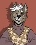  absurd_res anthro black_nose brown_body brown_clothing brown_ears brown_fur brown_topwear bust_portrait canid cheek_tuft clothing dipstick_ears eyebrows eyes_closed facial_tuft fangs front_view fur grey_inner_ear_fluff grin hair happy hi_res imperatorcaesar inner_ear_fluff male mammal multicolored_ears portrait red_background simple_background smile solo topwear tuft white_eyebrows white_hair 