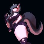  anthro big_breasts big_butt black_background black_eyeshadow bottomwear breasts butt butt_pose canid canid_demon clothing demon eathanontitan eyelashes eyeshadow female fingerless_gloves fur gloves grey_body grey_fur grey_hair hair handwear hellhound helluva_boss hi_res legwear long_hair looking_at_viewer loona_(helluva_boss) makeup mammal notched_ear pose purple_bottomwear purple_clothing purple_gloves purple_handwear purple_legwear purple_topwear red_sclera simple_background snaggle_tooth solo thick_thighs topwear white_body white_eyes white_fur wide_hips 