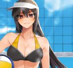  1girl ball bangs bikini black_bikini black_hair blush breasts cleavage closed_mouth commentary_request hair_between_eyes halterneck hat highres holding holding_ball kantai_collection long_hair looking_at_viewer machi_(ritovoyage) medium_breasts nagato_(kancolle) red_eyes solo swimsuit upper_body very_long_hair visor_cap volleyball volleyball_net white_headwear 