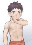  1boy bandaid bandaid_on_face bandaid_on_nose bare_pectorals bare_shoulders blood blood_on_face brown_hair child cowboy_shot highres looking_at_viewer male_child male_focus muscular muscular_child navel nosebleed original pectorals short_hair topless_male white_background yuki4912 