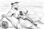  2022 anthro backpack bethesda_softworks big_breasts biped breasts deathclaw digital_media_(artwork) doctordj duo eyewear fallout female goggles greyscale hi_res horn human human_on_anthro interspecies larger_anthro larger_female lying_on_another male male/female mammal monochrome nipples non-mammal_breasts non-mammal_nipples outside resting_on_belly size_difference smaller_human smaller_male video_games 
