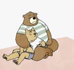  2022 anthro belly black_nose brown_body canid canine canis clothing domestic_dog duo embrace hi_res hug humanoid_hands kemono male male/male mammal overweight overweight_male pommn_mn sitting underwear ursid 