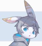  2021 ahoge ambiguous_gender anthro circle_eyebrows clothing digital_media_(artwork) digital_painting_(artwork) dipstick_ears emolga_1_(artist) eye_glint eyebrows fur furrowed_brow grey_clothing grey_eyebrows grey_hair grey_hoodie grey_topwear hair hi_res hoodie kemono lagomorph leporid looking_away mammal multicolored_ears open_mouth pink_inner_ear portrait rabbit shaded simple_background solo striped_ears topwear white_body white_ears white_fur yellow_ears 