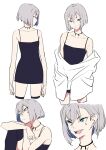  1girl arms_at_sides bangs bare_shoulders black_dress black_thighhighs choker collarbone dress green_eyes grey_hair looking_at_viewer looking_to_the_side mee_(sohin) multiple_views open_mouth original pointy_ears short_hair simple_background sleeveless sleeveless_dress slit_pupils sohin spaghetti_strap teardrop_facial_mark teeth thighhighs v-shaped_eyebrows white_background 