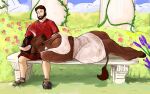  2022 anthro bench big_breasts biped bovid bovine breasts brown_body brown_fur brown_hair clothing digital_media_(artwork) doctordj duo european_mythology female footwear fur greek_mythology hair hi_res horn human larger_anthro larger_female male male/female mammal minotaur mythology nihea_avarta on_bench outside resting sandals size_difference smaller_human smaller_male tunic wide_hips 