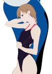  1girl bangs bare_shoulders black_swimsuit brown_hair collarbone competition_swimsuit cowboy_shot flat_chest from_side hand_on_own_neck looking_at_viewer medium_hair one-piece_swimsuit original pointy_ears red_eyes sideways_glance silvie_(sohin) sohin solo swimsuit 