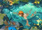  1boy atie1225 bare_legs barefoot bow_(weapon) brown_hair closed_eyes commentary earrings highres jewelry link male_underwear plant pointy_ears rock shield shirt_removed solo swimming symbol-only_commentary the_legend_of_zelda the_legend_of_zelda:_breath_of_the_wild topless_male underwear water weapon 