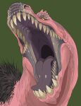  absurd_res ambiguous_gender black_body black_fur dinosaur feral front_view fur glistening glistening_tongue green_background grey_tongue hi_res imperatorcaesar looking_at_viewer mouth_shot open_mouth pink_body pink_scales pupils reptile scales scalie sharp_teeth simple_background slit_pupils solo tan_teeth teeth tongue 
