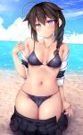  1girl ahoge beach bikini black_bikini black_hair black_skirt blue_eyes blush braid breasts closed_mouth collarbone day groin hair_between_eyes hair_flaps highres kantai_collection long_hair medium_breasts navel ocean pleated_skirt ruschuto shigure_(kancolle) shigure_kai_ni_(kancolle) single_braid skirt smile solo swimsuit 