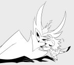  anthro avian bird clothing crown dress duo embrace eyes_closed female grey_background helluva_boss helluva_venti hi_res hug looking_at_another lying male octavia_(helluva_boss) on_side owl owl_demon paimon_(helluva_boss) simple_background star 