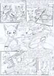  anthro armor black_and_white breasts canid canine comic exposed_breasts female group gun_arm kangaroo kitfox-crimson machine macropod male mammal marsupial monochrome nature nature_background power_armor shirt_rip shirt_ripping unseen_character 