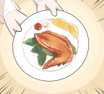  bird chicken chicken_wing columbina_(genshin_impact) emphasis_lines food food_focus fruit genshin_impact highres holding holding_plate leaf lemon lemon_slice plate xinzoruo 