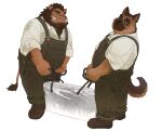  2022 absurd_res anthro biped brown_body canid canine canis clothing domestic_dog duo hi_res humanoid_hands huynhduyad14 ice kemono male mammal overalls overweight overweight_male shirt simple_background suid suina sus_(pig) topwear white_background wild_boar 