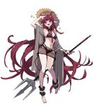  1girl :d ankle_cuffs arknights bikini black_bikini braid breasts demon_girl demon_horns demon_tail fangs full_body hat highres holding_trident horns long_hair looking_at_viewer navel necktie official_alternate_costume open_mouth pointy_ears polearm red_eyes red_hair red_necktie see-through side_braids simple_background small_breasts smile solo standing star_(symbol) stomach straw_hat sun_hat swimsuit tail trident vegetable_noda very_long_hair vigna_(arknights) vigna_(casual_vacation)_(arknights) weapon weapon_behind_back white_background 