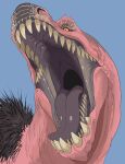  ambiguous_gender animated black_body black_fur blinking blue_background dinosaur feral front_view fur glistening glistening_tongue grey_tongue hi_res imperatorcaesar looking_at_viewer mouth_shot open_mouth pink_body pink_scales pupils reptile scales scalie sharp_teeth simple_background slit_pupils solo tan_teeth teeth tongue 