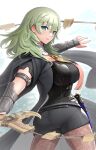  1girl absurdres ass bad_anatomy bangs black_coat black_shirt black_shorts breasts byleth_(fire_emblem) byleth_(fire_emblem)_(female) coat cowboy_shot fire_emblem fire_emblem:_three_houses gonzarez green_eyes green_hair hair_between_eyes highres holding holding_sword holding_weapon large_breasts legwear_under_shorts long_hair looking_at_viewer pantyhose shirt short_shorts shorts solo standing sword sword_of_the_creator thighs twisted_torso vambraces weapon 