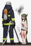  1girl 1other absurdres ankle_socks bare_shoulders black_footwear black_gloves black_jacket black_pants black_shorts breasts brown_eyes camisole collarbone dragon_girl dragon_horns dragon_tail drawstring facing_away fire_helmet firefighter firefighter_jacket gloves green_hair grey_background highres holding holding_stuffed_toy horns hose jacket long_hair looking_at_another off_shoulder open_mouth original pants pink_camisole sharp_teeth shirt shoes short_shorts shorts simple_background small_breasts smoke socks standing stuffed_animal stuffed_cat stuffed_toy tail teeth very_long_hair white_shirt wozora 