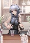  1girl ahoge aia_(pixiv15077492) alcohol arknights bartender black_eyes black_hair black_pants black_shirt bottle breasts cup drinking_straw hair_intakes hair_ornament hairclip highres holding holding_bottle indoors la_pluma_(arknights) pants pouring shirt short_hair sleeveless sleeveless_shirt small_breasts smile solo 
