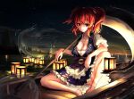  1girl barefoot boat breasts cleavage coin hair_bobbles hair_ornament highres hira-san hitodama lantern large_breasts looking_down night night_sky onozuka_komachi paper_lantern red_eyes red_hair sitting sky solo star_(sky) starry_sky touhou two_side_up watercraft 