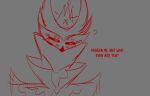  anthro avian bird confusion crown grey_background helluva_boss hi_res male outline owl owl_demon paimon_(helluva_boss) question_mark red_eyes red_outline red_text simple_background solo teathekook text 