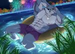  anthro bulge canid canine canis clothing dislyte ear_piercing ear_ring eyewear fireworks flotation_device freddy_(dislyte) hi_res jewelry male mammal muscular muscular_male necklace neeksaki piercing ring_piercing solo sunglasses swimming_trunks swimwear wolf 