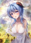  1girl absurdres ahoge bangs bare_shoulders blue_hair blush breasts cleavage dress elbow_gloves flower fuyoyo ganyu_(genshin_impact) genshin_impact gloves goat_horns gown highres horns large_breasts long_hair looking_at_viewer open_mouth purple_eyes sidelocks smile solo sunflower umbrella white_dress 