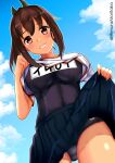  1girl absurdres alternate_breast_size black_shirt black_skirt black_swimsuit blue_sky breasts brown_eyes brown_hair clothes_lift cloud commentary_request from_below grin hair_ornament hairclip highres himura_moritaka i-401_(kancolle) kantai_collection lifted_by_self looking_at_viewer medium_breasts name_tag ponytail school_swimsuit shirt shirt_lift short_hair skirt skirt_lift sky smile solo swimsuit swimsuit_under_clothes tan 